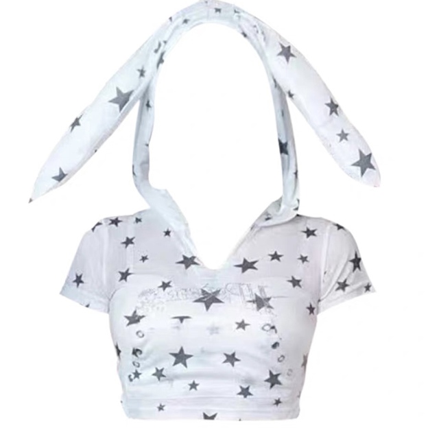 Y2K Bunny Ears Hooded Short Sleeve Top-Yuqi Gidle