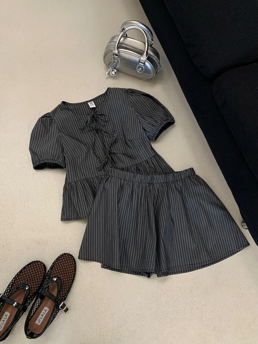 Blackpink Jennie Striped Puff Short Sleeve Top Skirt Set