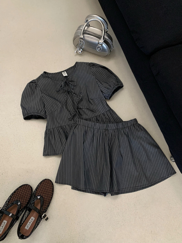 Blackpink Jennie Striped Puff Short Sleeve Top Skirt Set