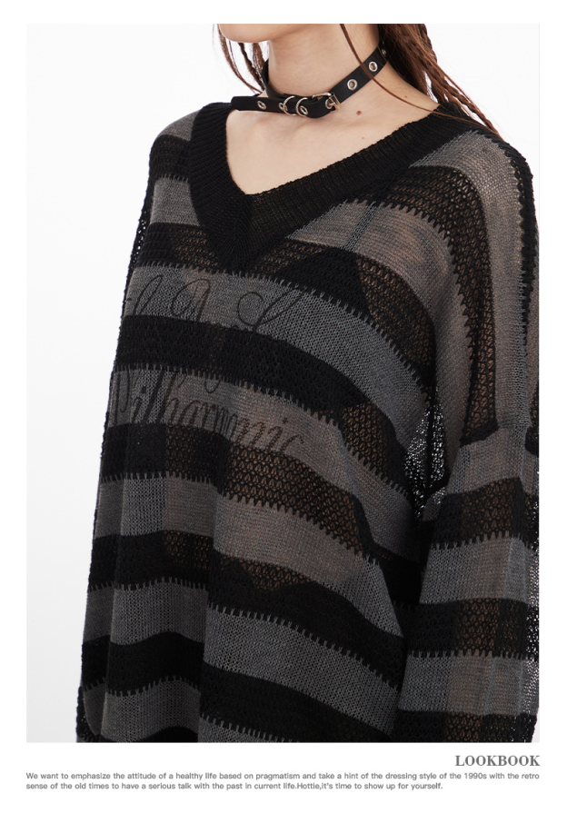 Striped V-neck lightweight long-sleeve knit sweater-Aespa Karina