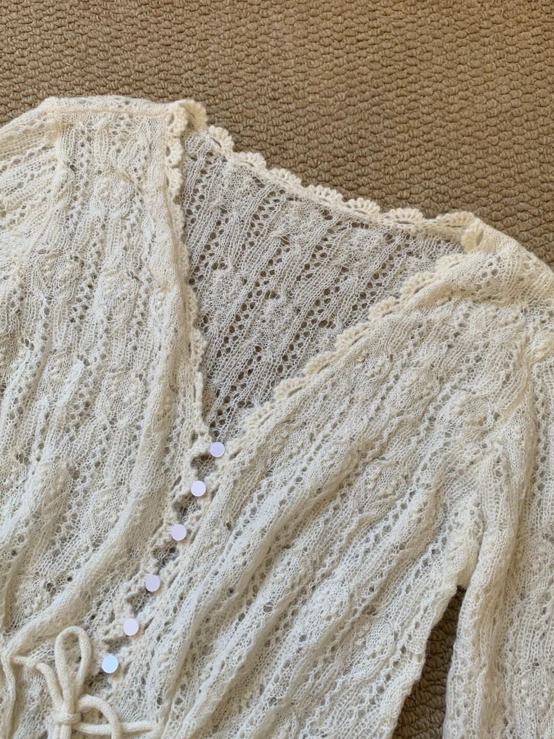 IVE Wonyoung Inspired Wool Hollow-Out Cardigan & Lace Top Set