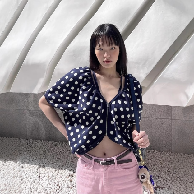 IVE Yujin&Meovv Ella Inspired Polka Dot Puff Sleeve Crop Knit Cardigan