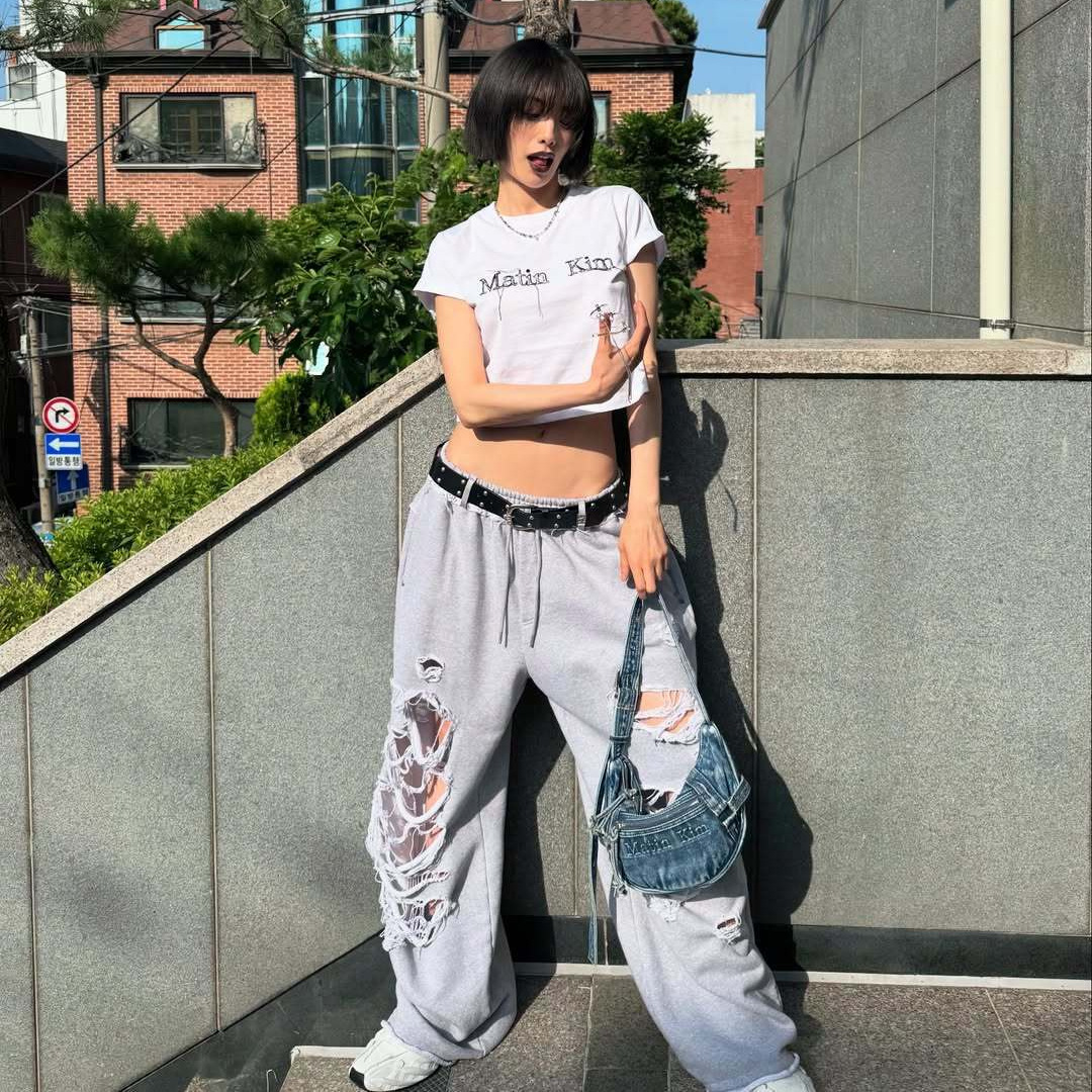Blackpink Jennie Inspired Ripped Straight-Leg Casual Sweatpants