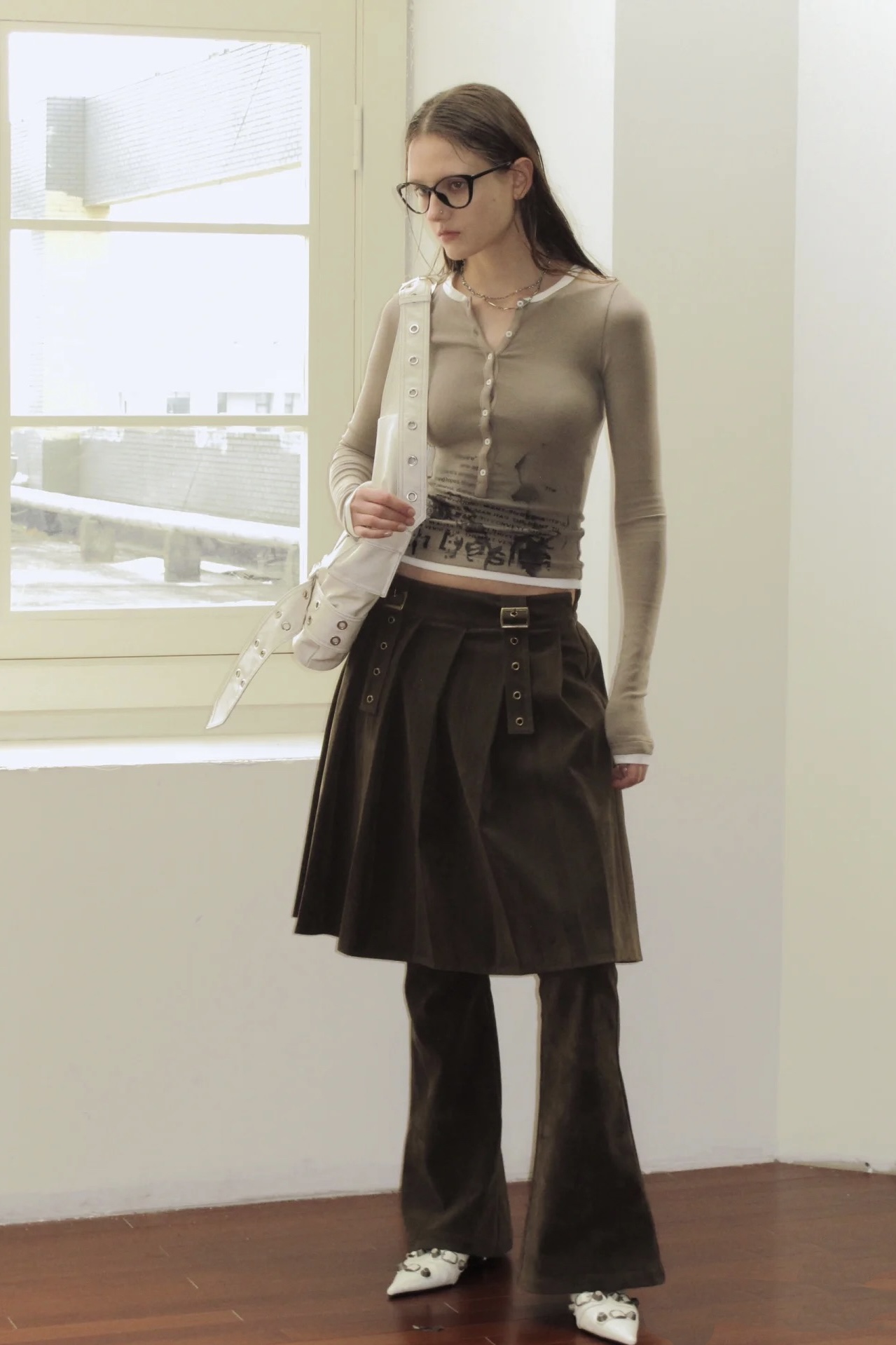 Layered faux two-piece denim skirt pants-Straykids outfit inspiration Stay