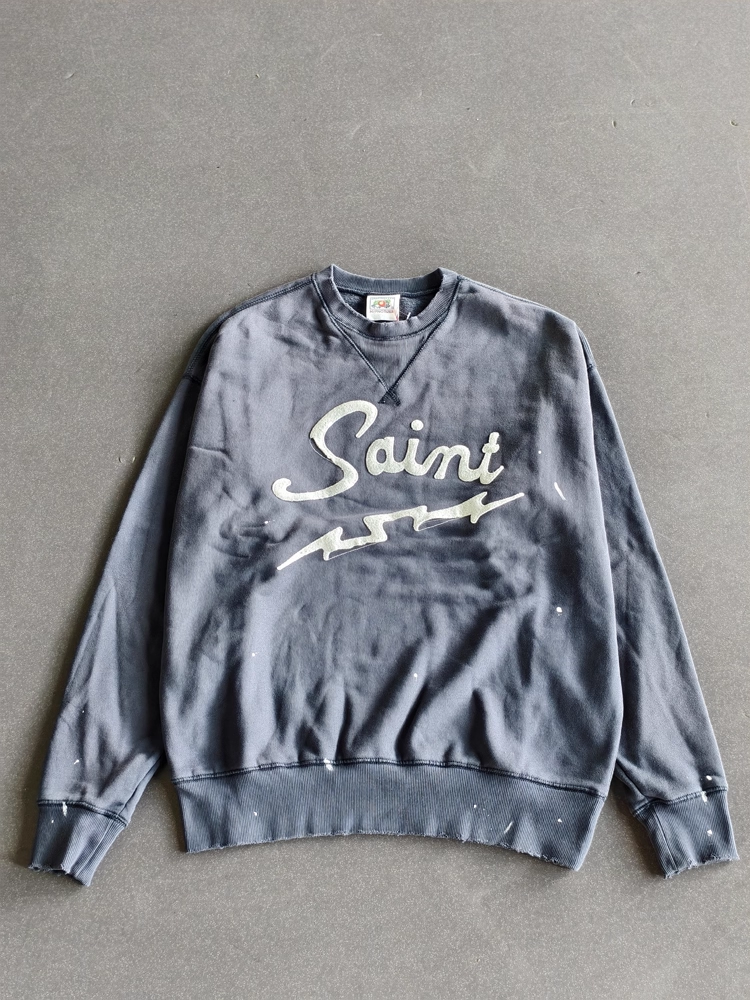 TXT Soobin Inspired Washed Blue Lightning Embroidered Sweatshirt