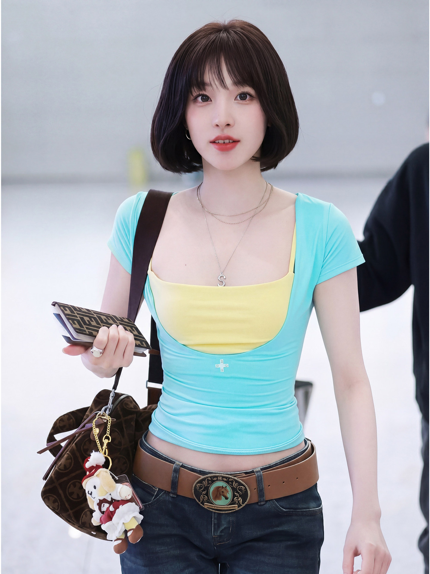 IDLE YUQI Inspired Turquoise Cross Logo U-Neck Fitted Tee