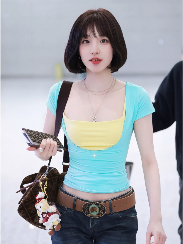 IDLE YUQI Inspired Turquoise Cross Logo U-Neck Fitted Tee