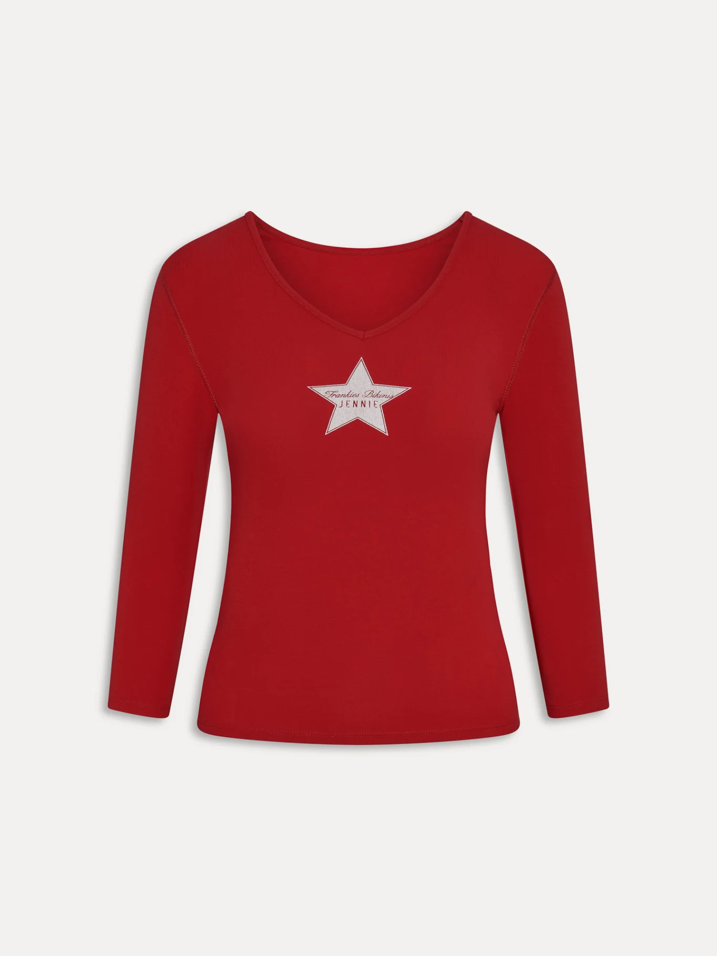 Blackpink Jennie Inspired Frankies Bikinis Star Print V‑Neck 3/4 Sleeve Ribbed Top