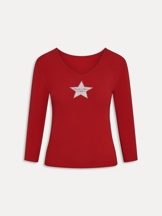 Blackpink Jennie Inspired Frankies Bikinis Star Print V‑Neck 3/4 Sleeve Ribbed Top
