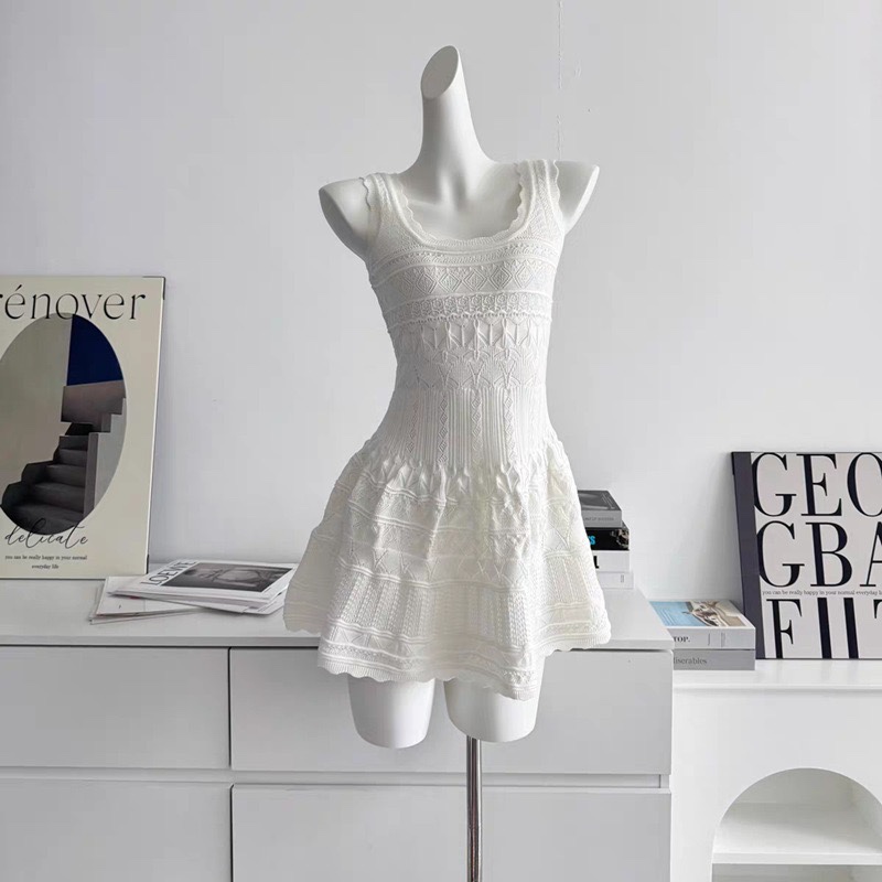 Babymonster Ahyeon inspired White Lace Knit Sleeveless Dress