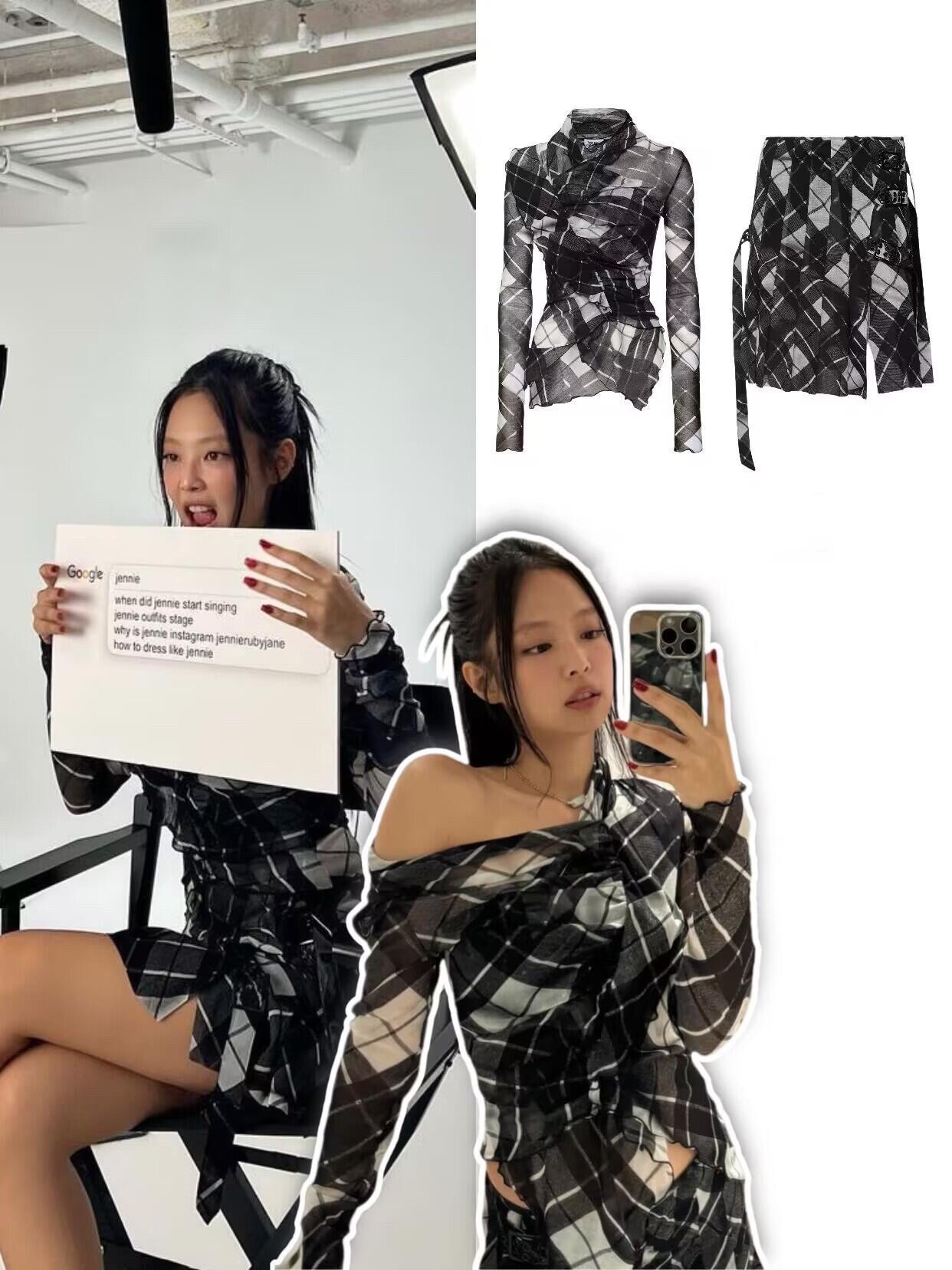 Blackpink Jennie Inspired Checkered Mesh Off-Shoulder Top&Deconstructed Skirt Set