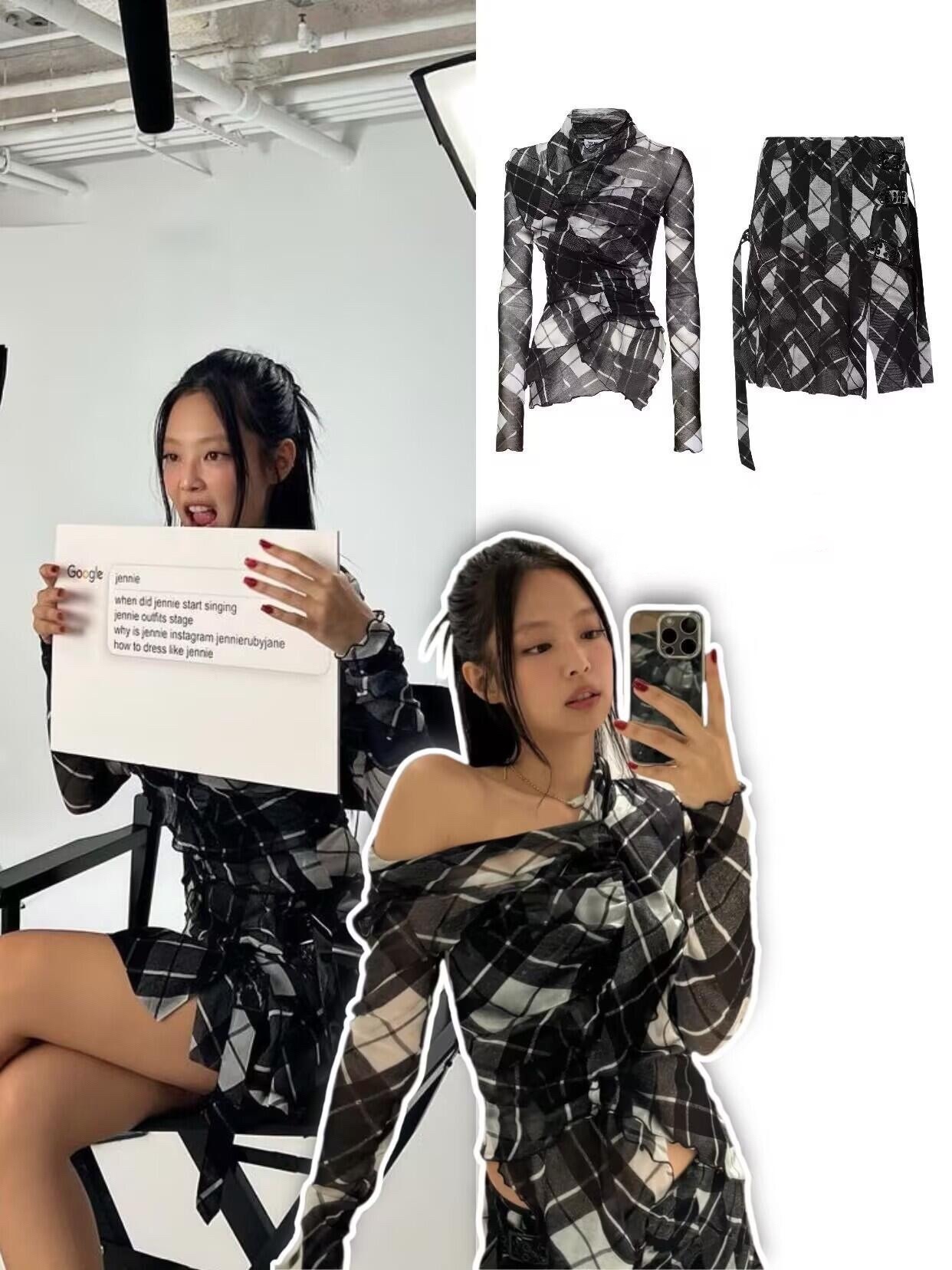 Blackpink Jennie Inspired Checkered Mesh Off-Shoulder Top&Deconstructed Skirt Set