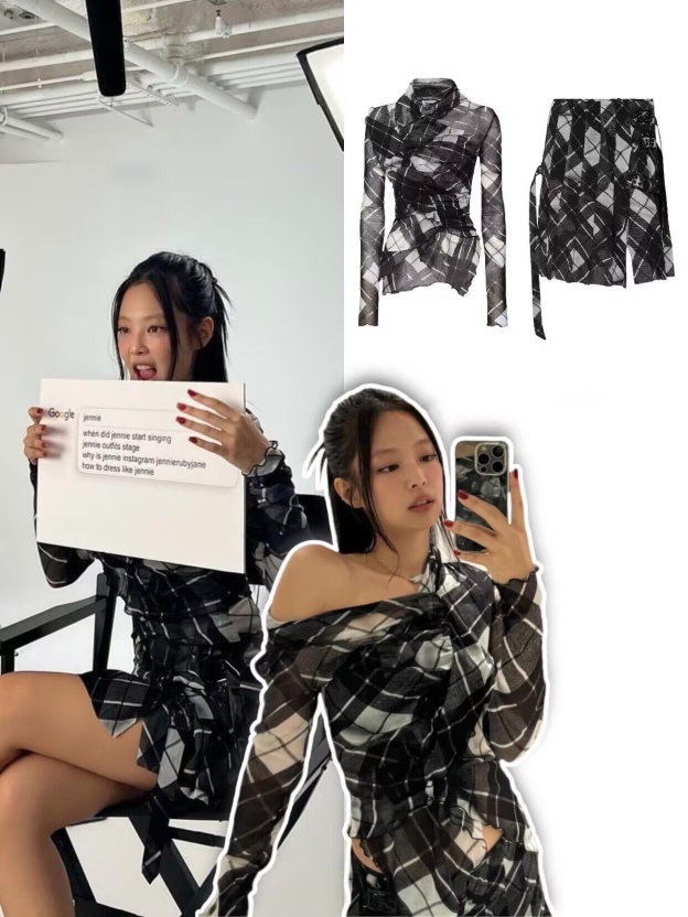 Blackpink Jennie Inspired Checkered Mesh Off-Shoulder Top&Deconstructed Skirt Set