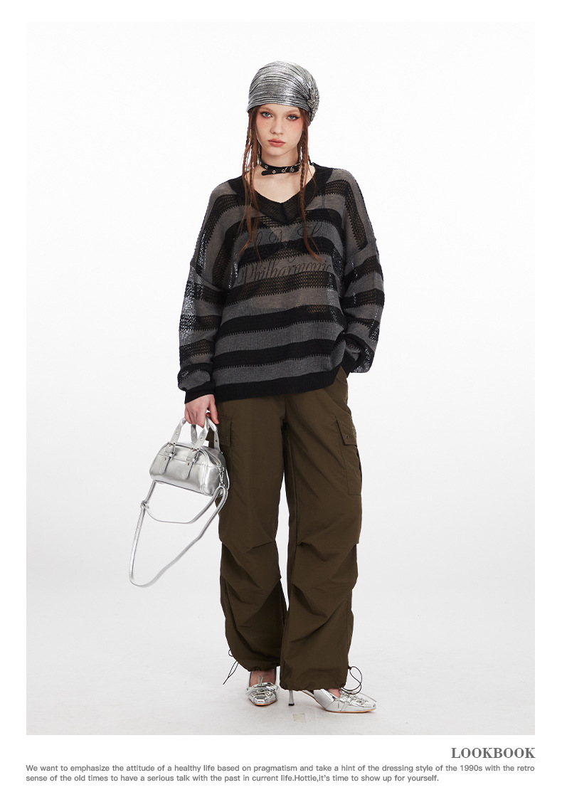 Striped V-neck lightweight long-sleeve knit sweater-Aespa Karina