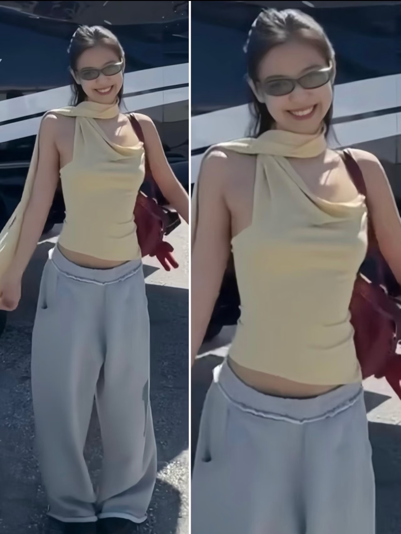 Blackpink Jennie Inspired Yellow tank & Grey Wide Leg Pants Set