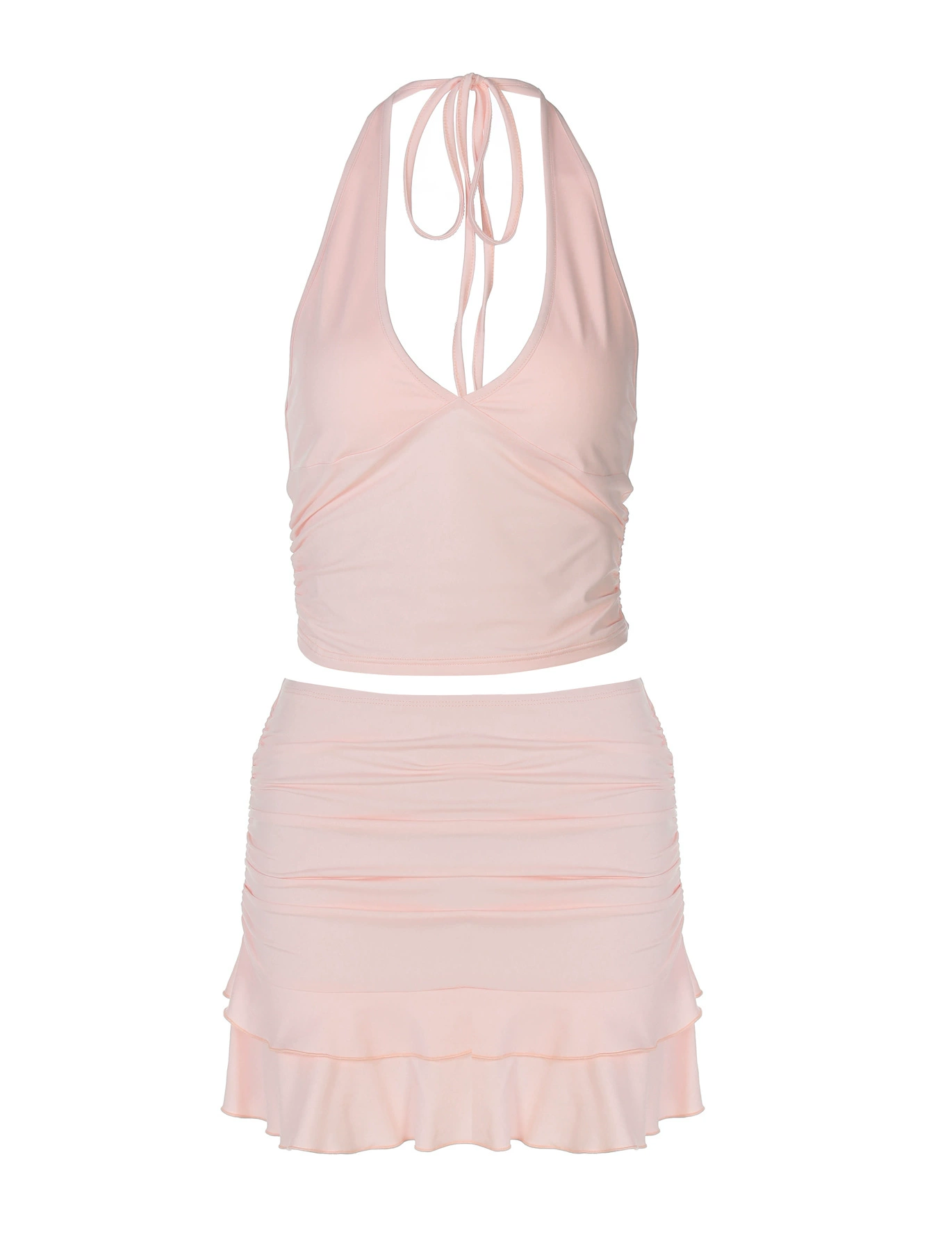 Solid Color V-Neck Hanging Vest Tight Top Skirt Set-Outfitidea For Blinks BLACKPINK-Inspired Fashion