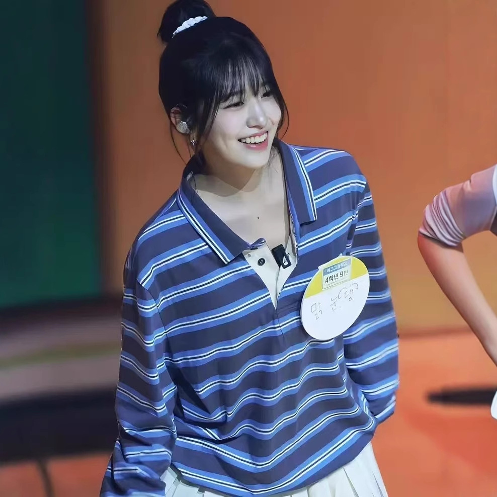 IVE Yujin&Red Velvet Joy Inspired Striped Color-Block Polo Collar Long Sleeve T-Shirt