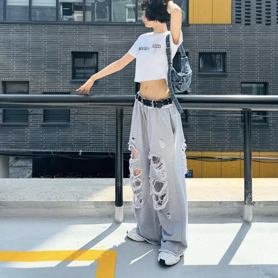 Blackpink Jennie Inspired Ripped Straight-Leg Casual Sweatpants