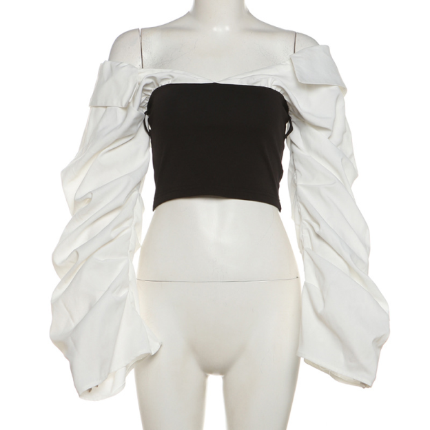 Black And White Off Shoulder Long Sleeve Top-Straykids concert outfitidea for STAY