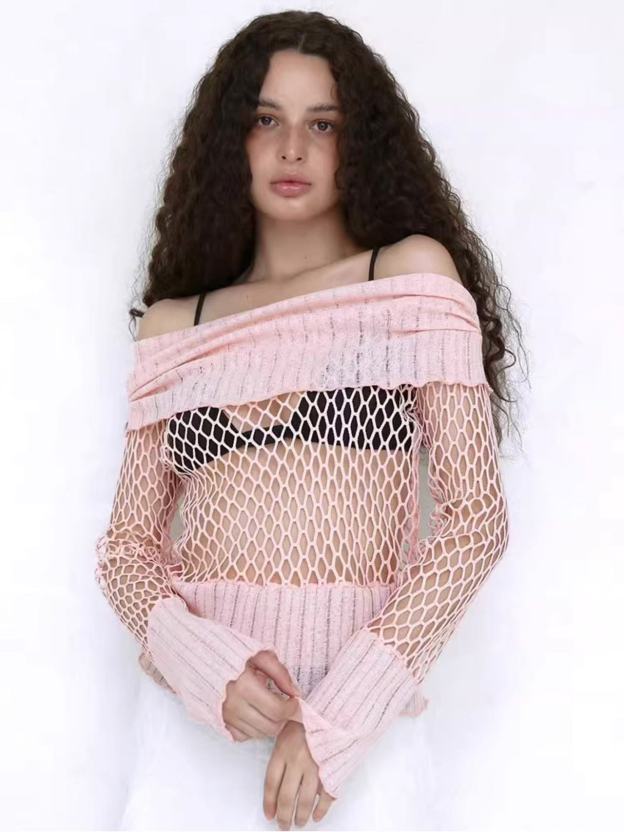 Pink Boat Neck Cutout Knit Sweater-Aespa Ningning