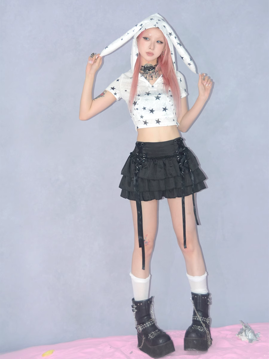 Y2K Bunny Ears Hooded Short Sleeve Top-Yuqi Gidle