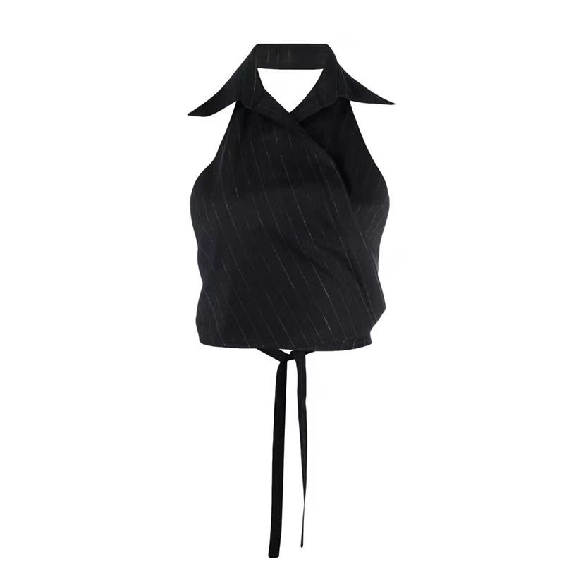 Suit Striped Lapel Hanging Neck Vest Short Skirt Set-IVE Wonyoung