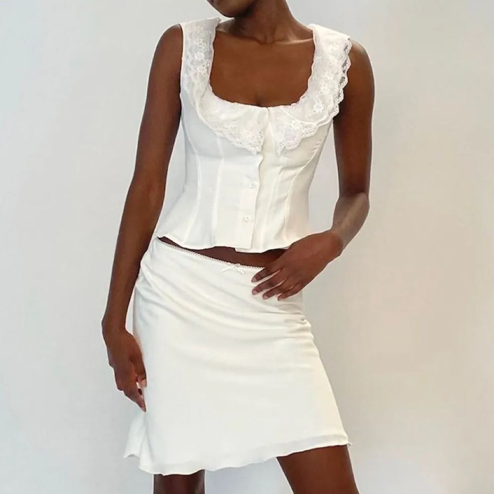 Lace Camisole Vest Low Waist Fishtail Half Skirt Set-Twice Nayeon