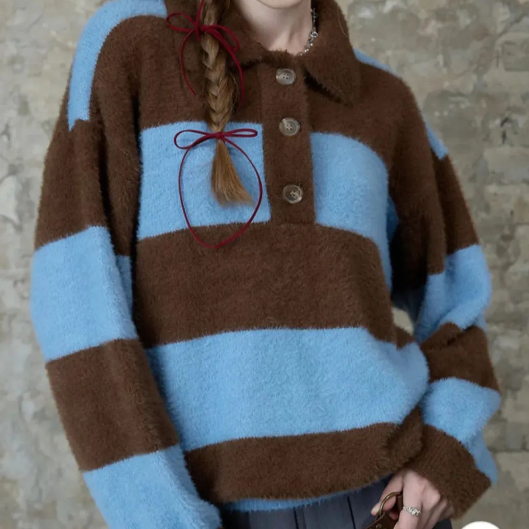 Striped Knit Faux Mink Sweater-Blackpink Jennie