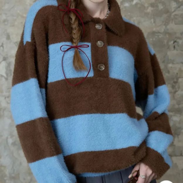 Striped Knit Faux Mink Sweater-Blackpink Jennie