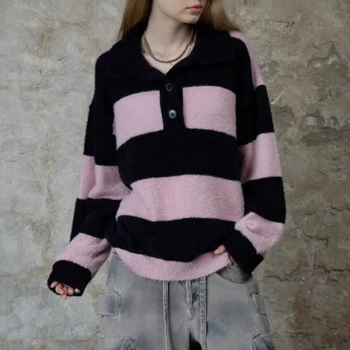 Striped Knit Faux Mink Sweater-Blackpink Jennie