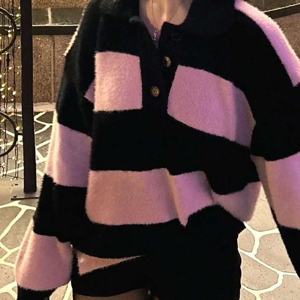 Striped Knit Faux Mink Sweater-Blackpink Jennie