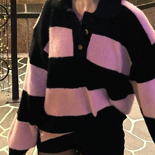 Striped Knit Faux Mink Sweater-Blackpink Jennie