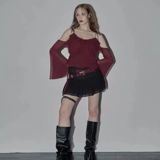 Belted Ruffle Chiffon Short Skirt-IVE Wonyoung