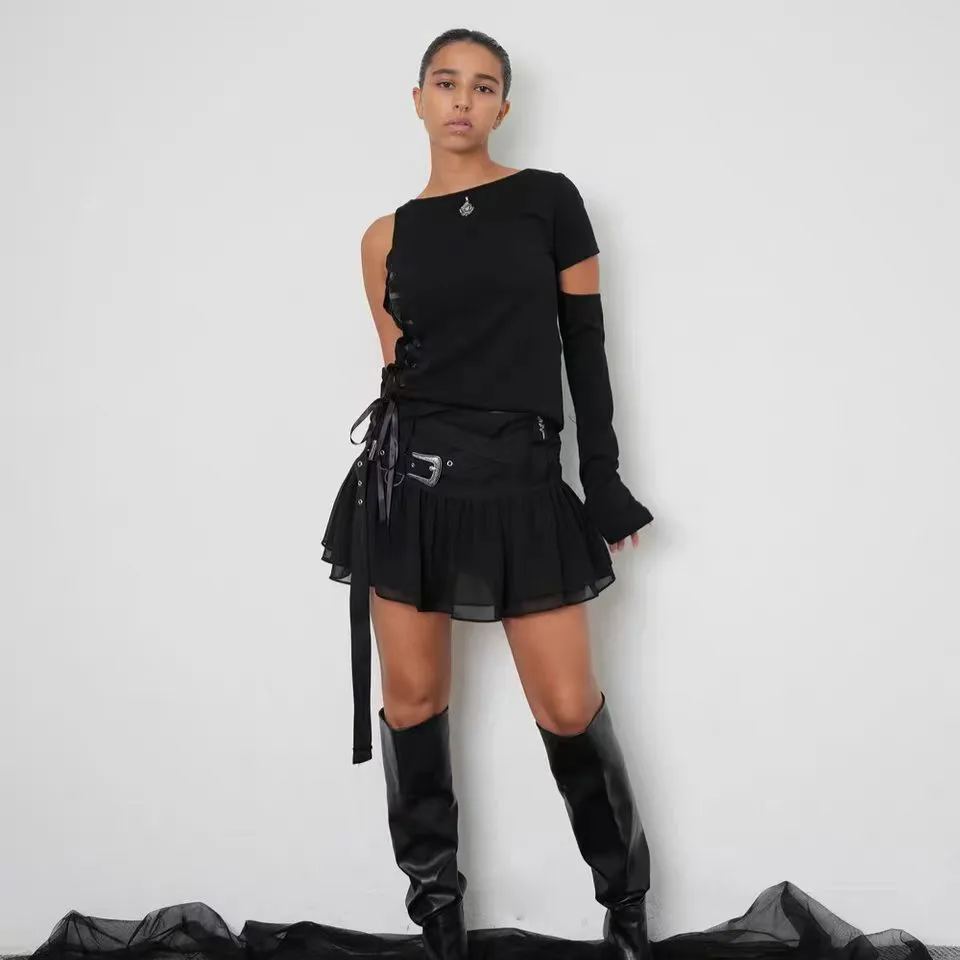 Belted Ruffle Chiffon Short Skirt-IVE Wonyoung