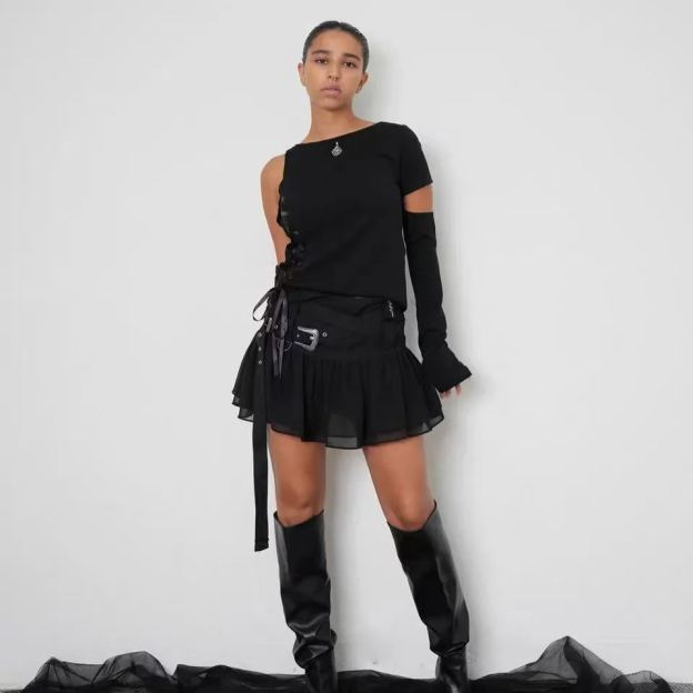 Belted Ruffle Chiffon Short Skirt-IVE Wonyoung