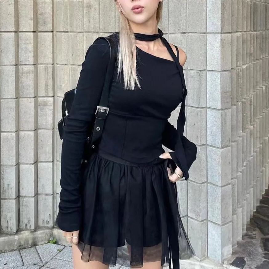 Slant Shoulder Neck Slimming Long Sleeve Top-Straykids concert outfitidea for STAY