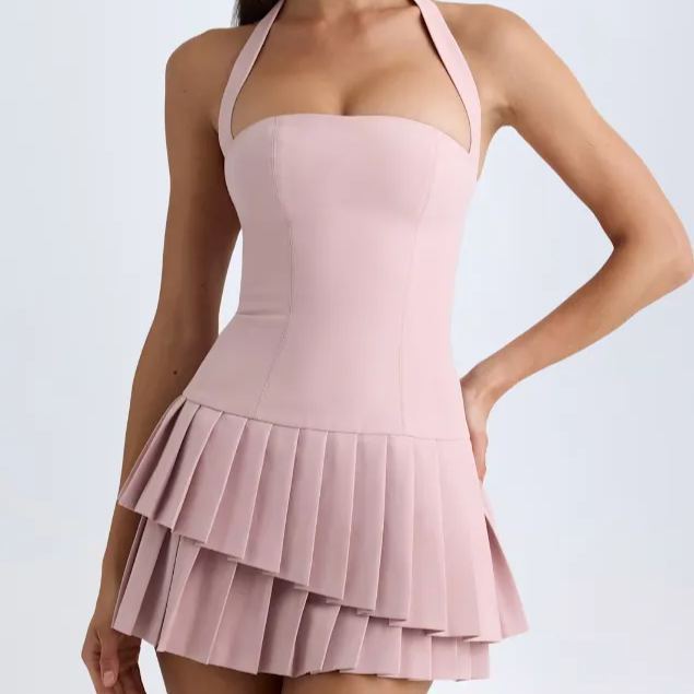 Hanging Neck Sleeveless Backless Pleated Dress-Outfitidea For Blinks BLACKPINK-Inspired Fashion
