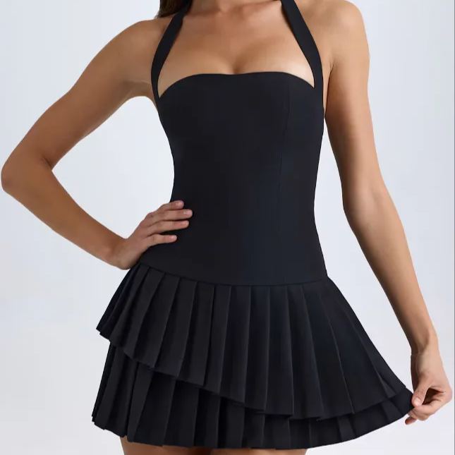 Hanging Neck Sleeveless Backless Pleated Dress-Outfitidea For Blinks BLACKPINK-Inspired Fashion