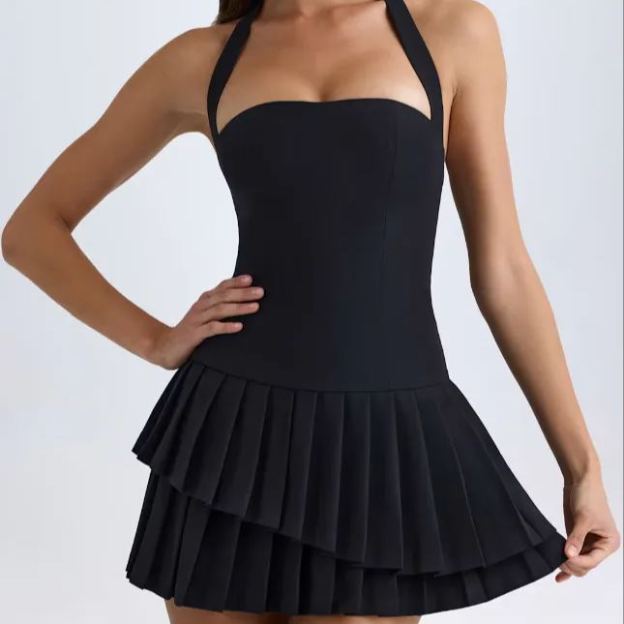 Hanging Neck Sleeveless Backless Pleated Dress-Outfitidea For Blinks BLACKPINK-Inspired Fashion