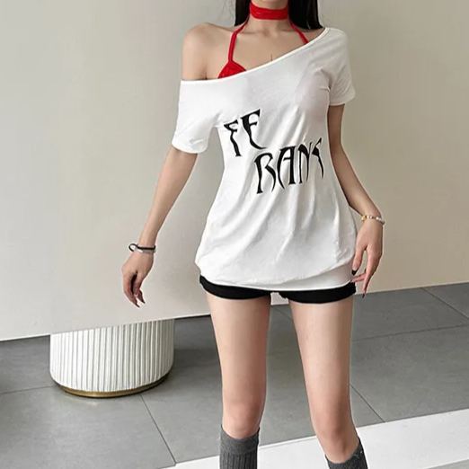 Halter Bandeau One Shoulder Short Sleeve T-shirt-Straykids concert outfitidea for STAY