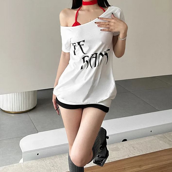 Halter Bandeau One Shoulder Short Sleeve T-shirt-Straykids concert outfitidea for STAY