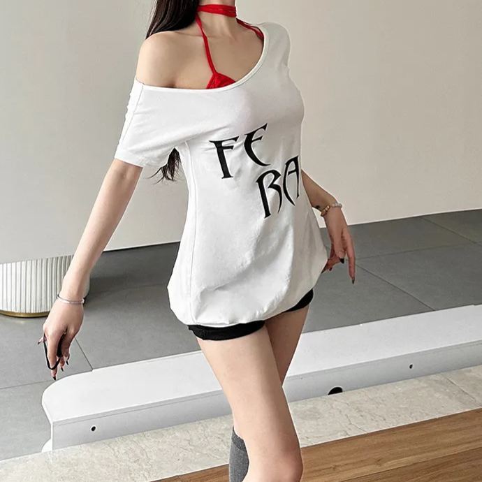 Halter Bandeau One Shoulder Short Sleeve T-shirt-Straykids concert outfitidea for STAY