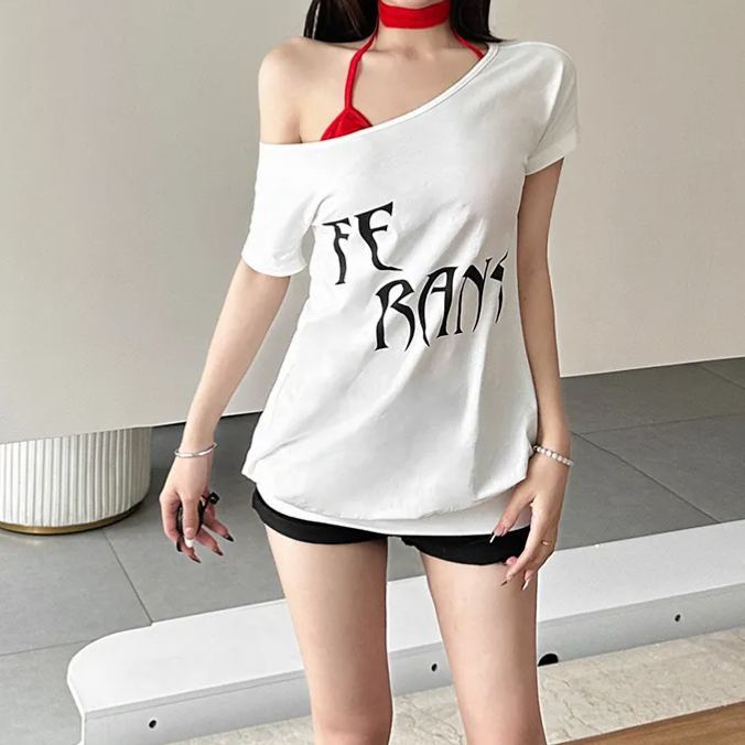 Halter Bandeau One Shoulder Short Sleeve T-shirt-Straykids concert outfitidea for STAY