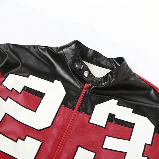 Contrast embroidery patchwork faux leather jacket-Enhypen outfit inspiration ENGENE