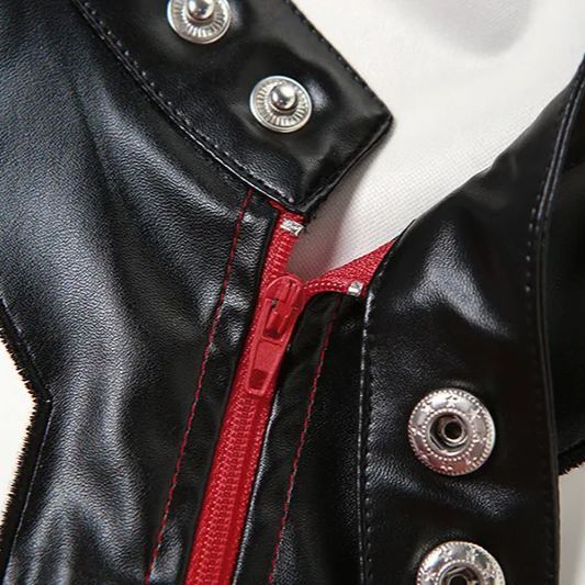 Contrast embroidery patchwork faux leather jacket-Enhypen outfit inspiration ENGENE