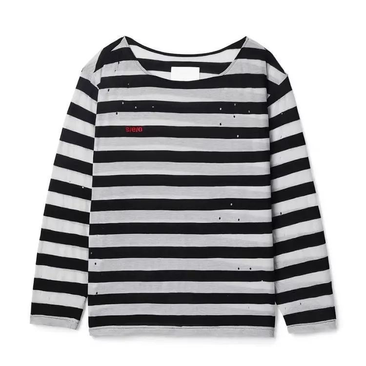 Slant Neck Off Shoulder Striped Long Sleeve T-Shirt-Aespa Ningning