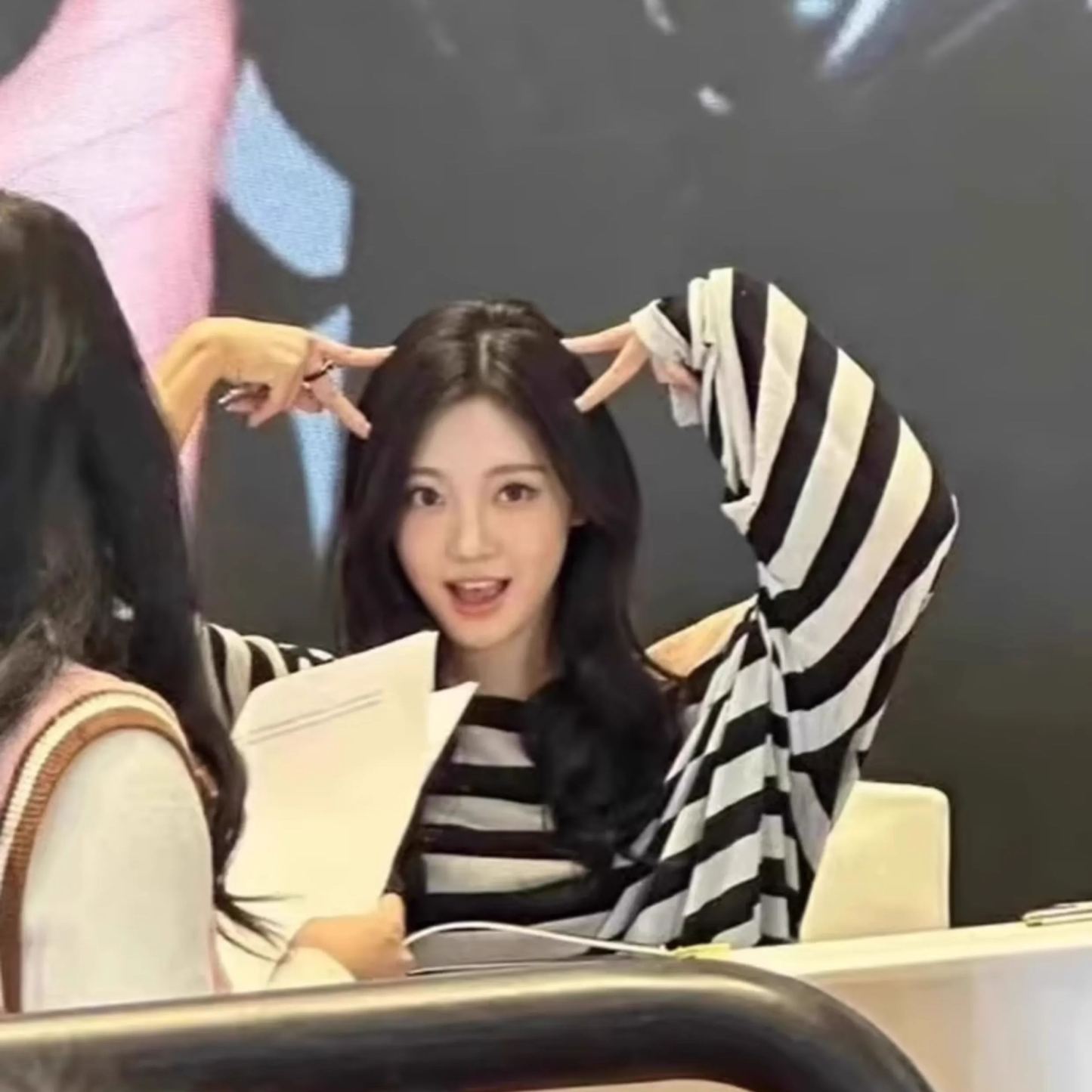 Slant Neck Off Shoulder Striped Long Sleeve T-Shirt-Aespa Ningning