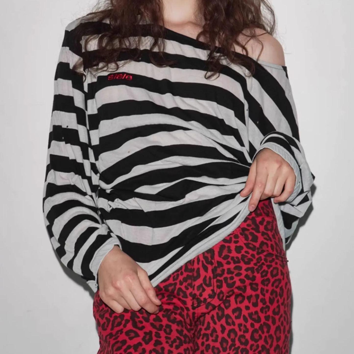 Slant Neck Off Shoulder Striped Long Sleeve T-Shirt-Aespa Ningning