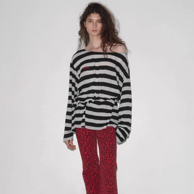 Slant Neck Off Shoulder Striped Long Sleeve T-Shirt-Aespa Ningning