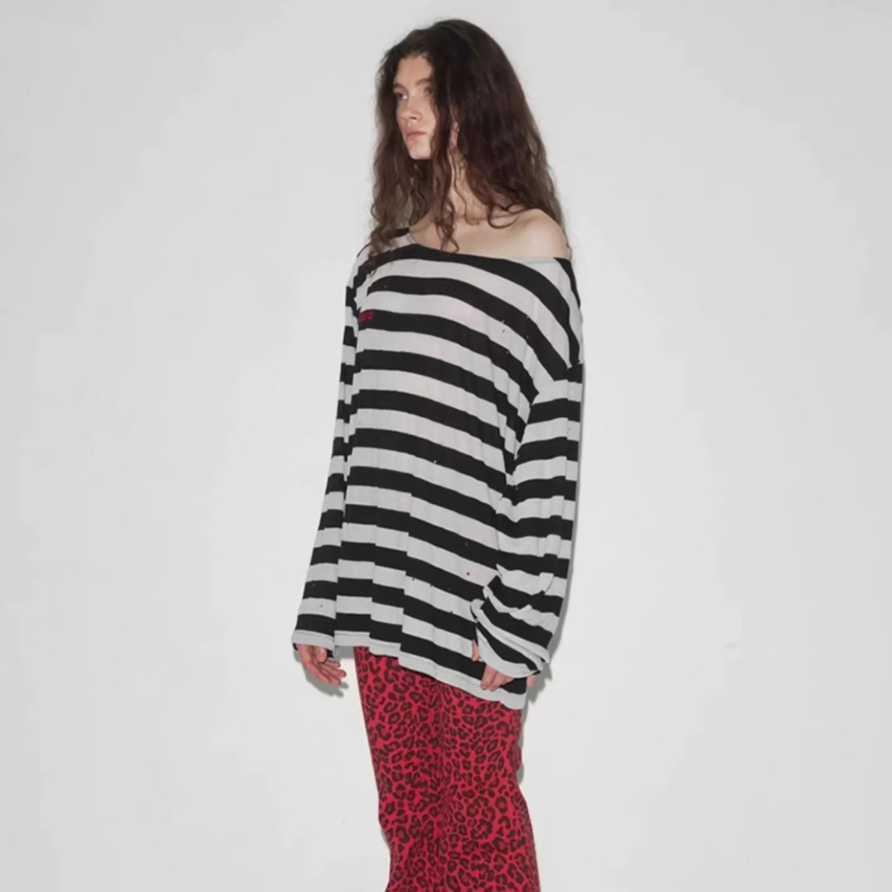 Slant Neck Off Shoulder Striped Long Sleeve T-Shirt-Aespa Ningning